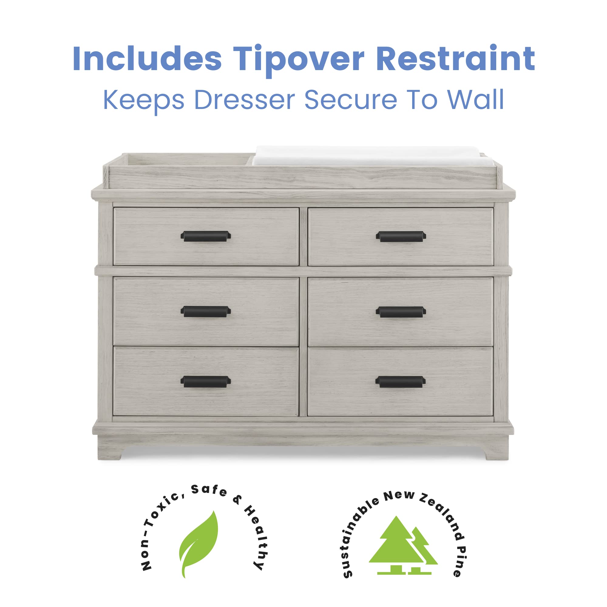 Delta Children Asher Crib and Dresser Nursery Furniture – 6-in-1 Convertible Crib with Toddler Rail | Fully Assembled 6 Drawer Dresser with Changing Top | Rustic Mist